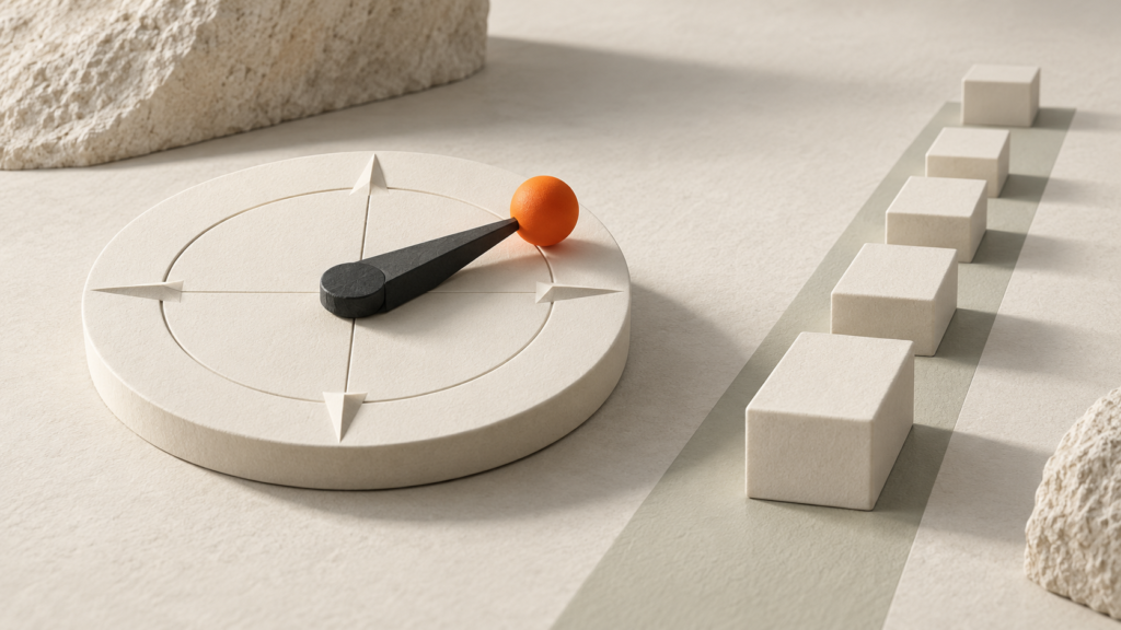 A directional compass sits beside an orderly path of blocks.