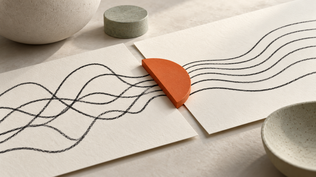 An orange guide aligns loose lines into a consistent pattern.