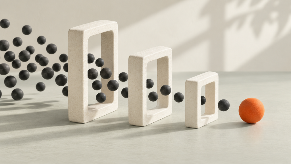 Spheres pass through progressively narrower frames towards one orange sphere.