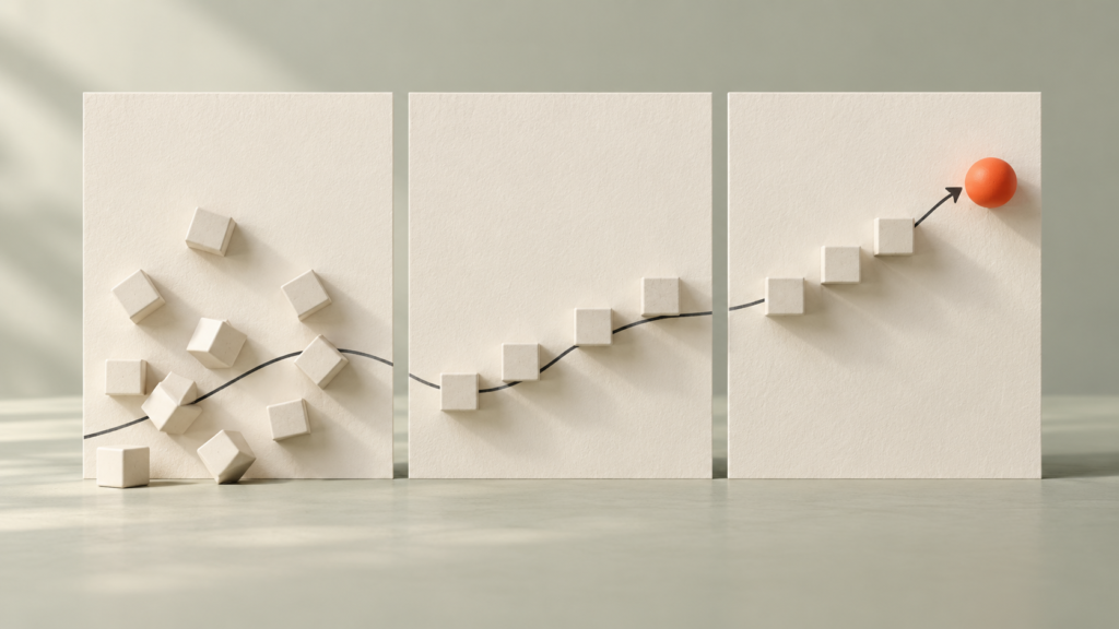 Three panels show scattered blocks becoming an organised path towards an orange sphere.