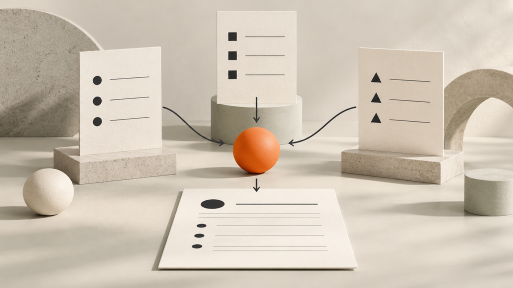 Source cards converge into one clear marketing brief.