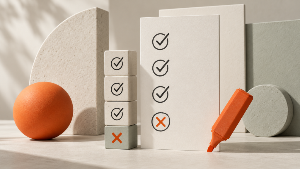 Ivory review cards with check marks and an orange correction marker.