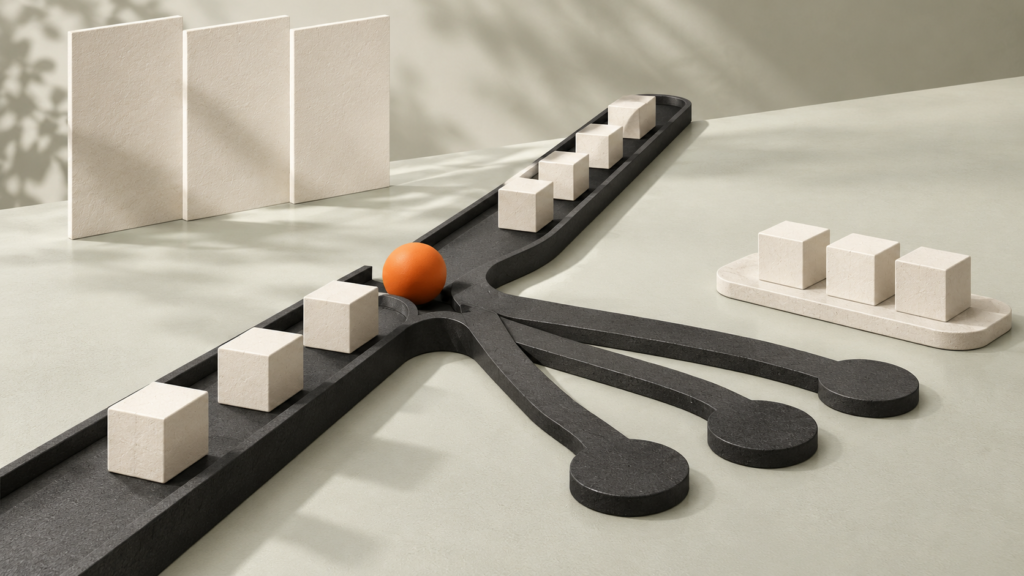 A branching track separates an orderly automated lane from tasks kept aside.