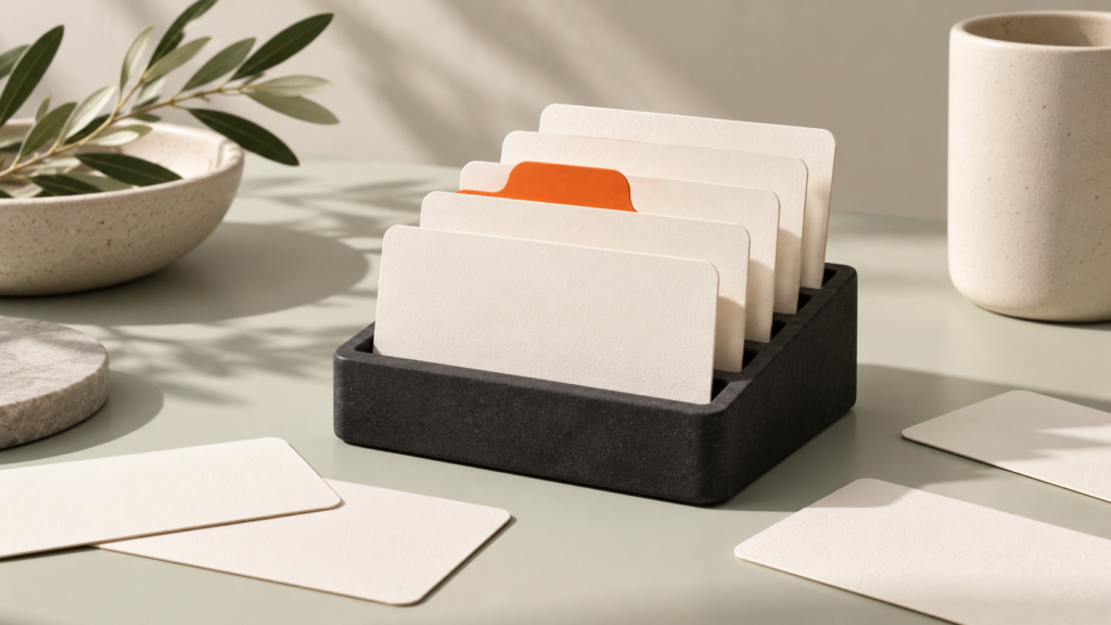 A compact card library with an orange tab marking a useful prompt.